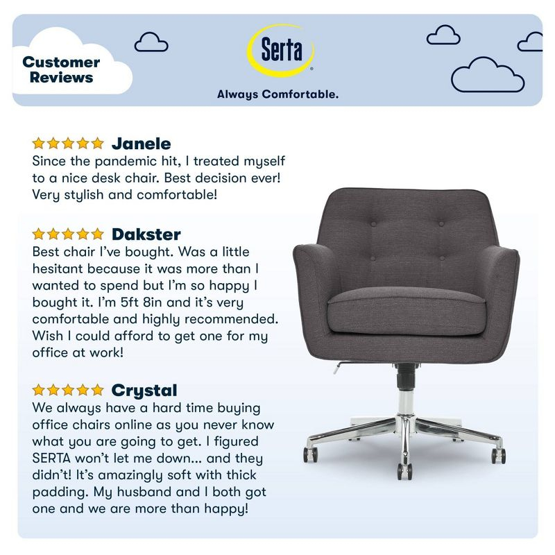 Style Ashland Home Office Chair Inviting Graphite - Serta: Mid-Century, Tufted, Adjustable