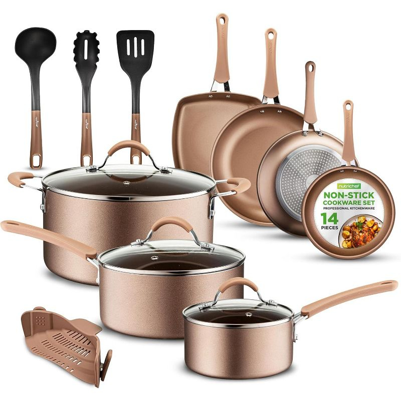 Non-Stick Cookware Set for Home Cooking with Golden Interior, Heat-Resistant, 14-Piece Set