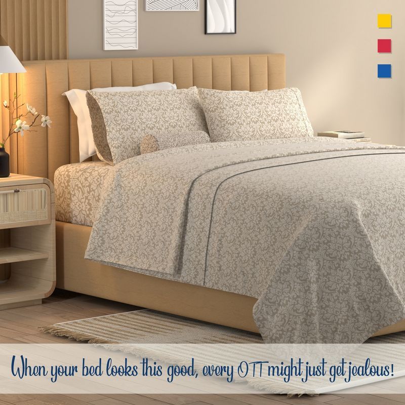 Color Sense 100% Cotton Percale Cool & Crisp 4-Piece Sheet Set Full Addison Damask Linen