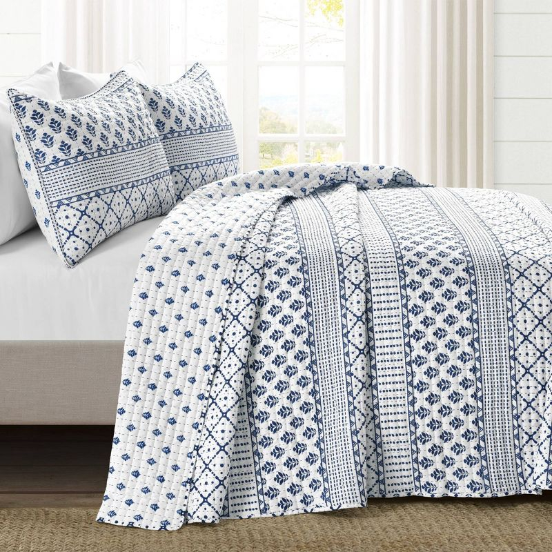 Full/Queen 3pc Monique Stripe Quilt Set  Navy/White - Lush Décor