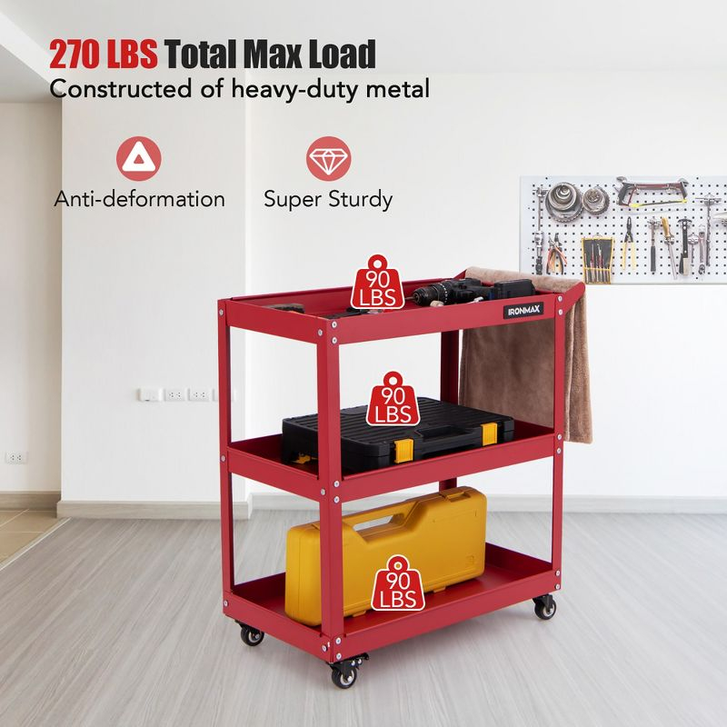 Tangkula 3-Tier Rolling Tool Cart w/ 3 Spacious Shelves 4 Universal Wheels w/ 2 Brakes Red