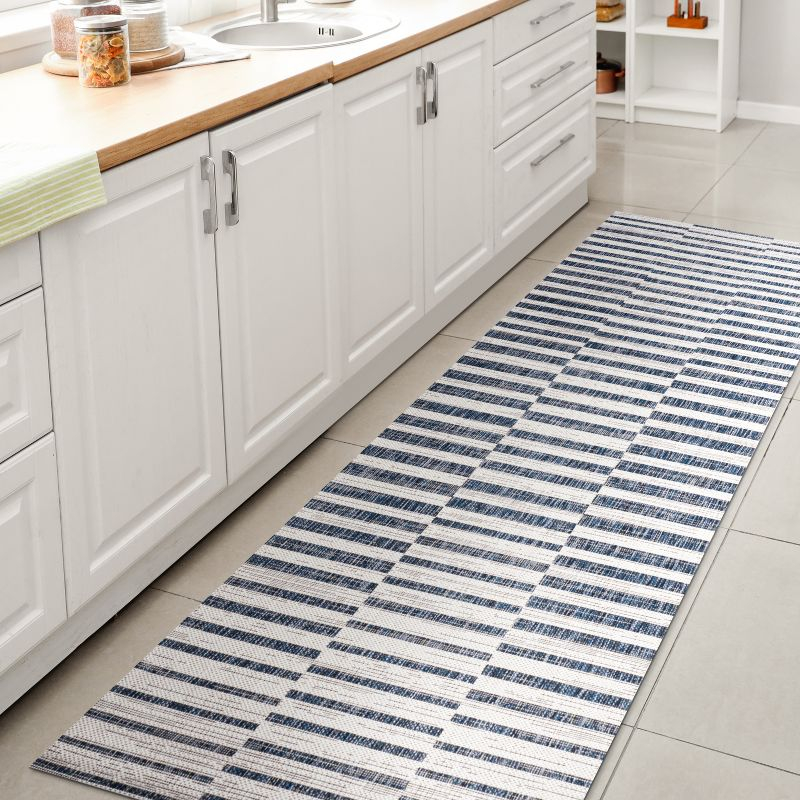 2'x8' Sukie Modern Offset Stripe Indoor/Outdoor Runner Rug, Ivory/Blue - JONATHAN Y