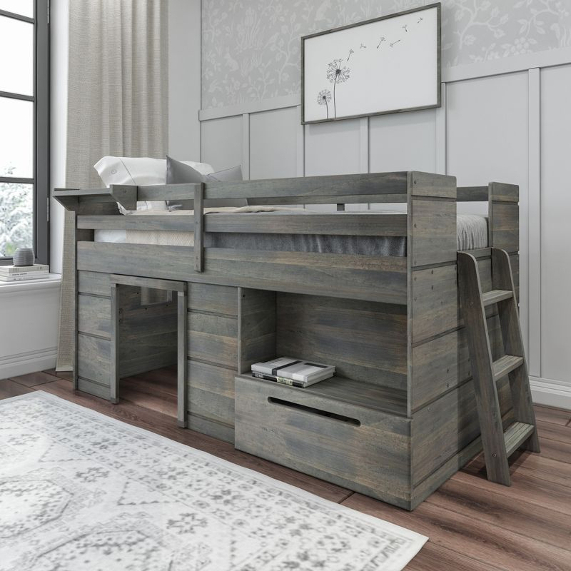 Max & Lily Loft Bed Twin Size Solid Wood Platform Bed Frame for Kids with Storage Drawer, Driftwood
