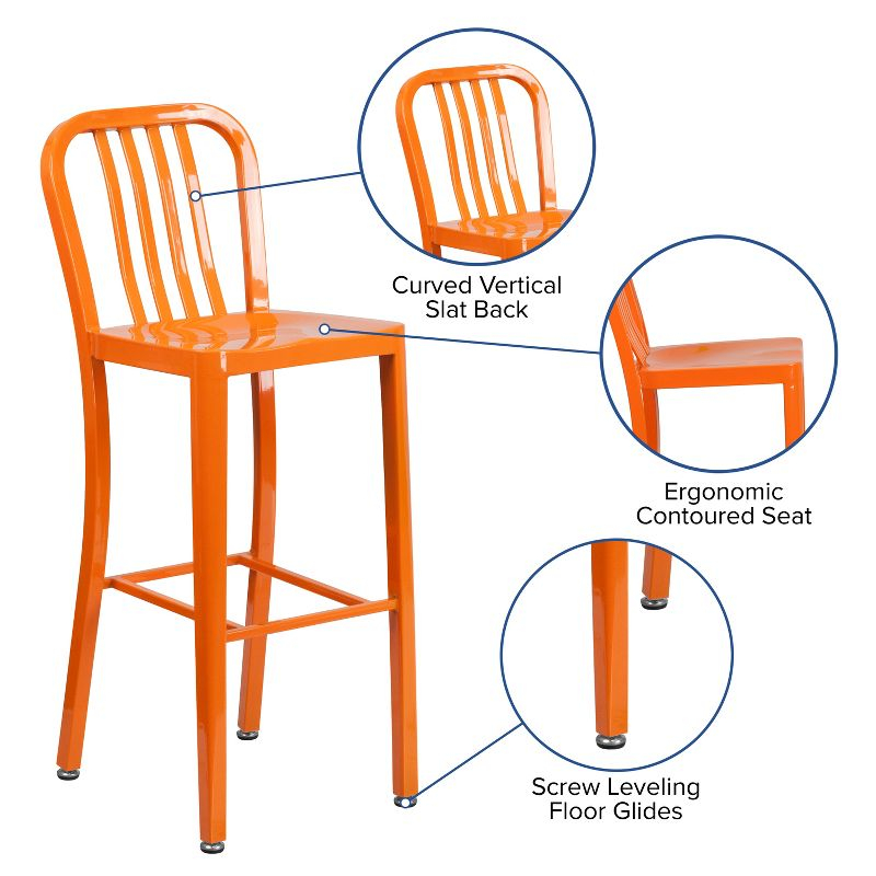 Flash Furniture Commercial Grade 30" High Orange Metal Indoor-Outdoor Barstool with Vertical Slat Back
