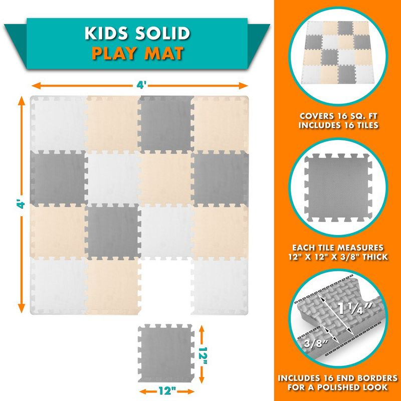 Prosource Kids Solid Floor Play Mat 3/8-in, 16 Sq Ft - 16 Tiles, White/Grey/Beige