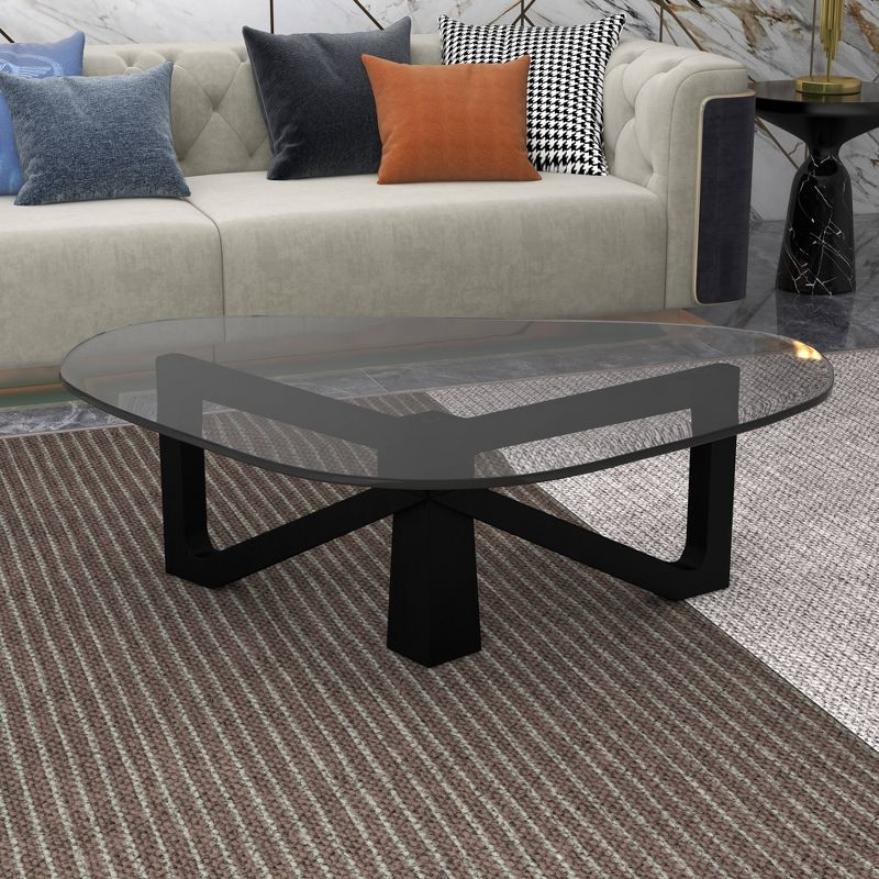 LeisureMod Imperial Collection Triangular Glass Top Coffee Table with Glossy Ash Wood Base for Home, Living Room, Office