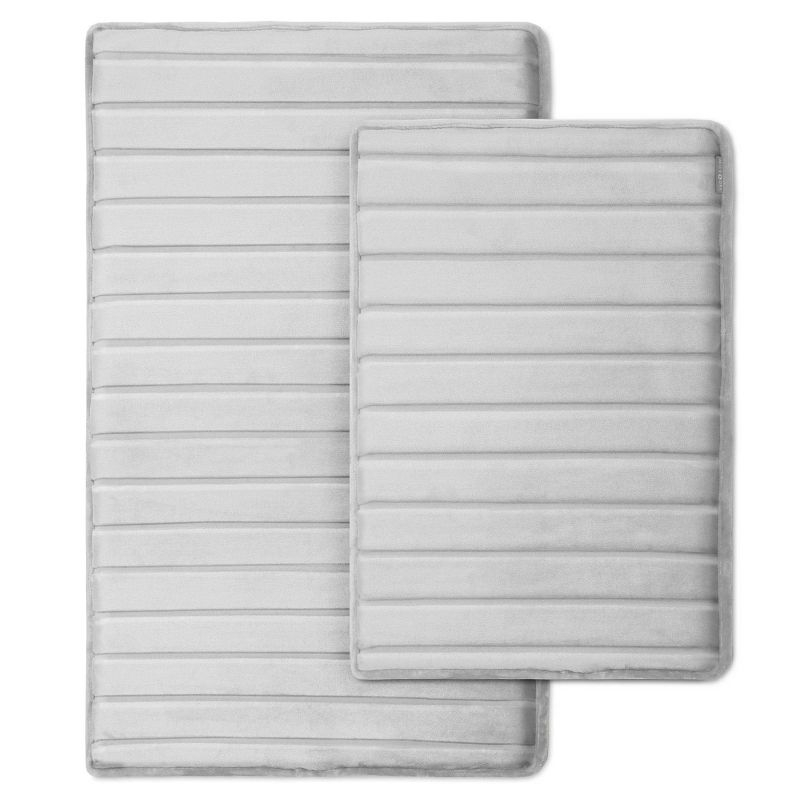 2pc 17"x24" and 21"x34" MICRODRY SoftLux Quilted Striped Memory Foam Bath Rug/Runner with Skid Resistant Base Light Gray