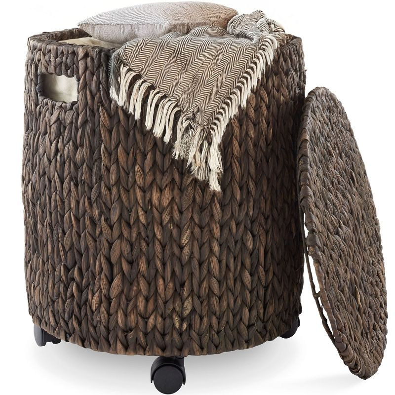 Casafield Rolling Storage Basket - Espresso, Handwoven Hyacinth Rolling Hamper with Lid, Storage Bin on Wheels for Living Room, Bathroom, Laundry