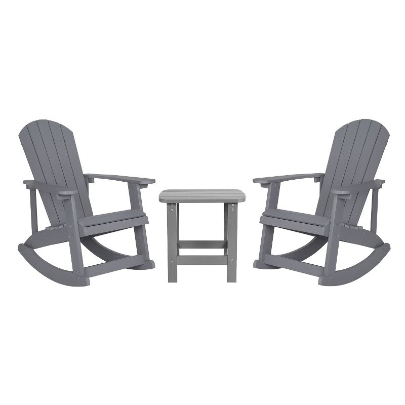 Flash Furniture Set of 2 Savannah All-Weather Poly Resin Wood Adirondack Rocking Chairs with Side Table in Gray