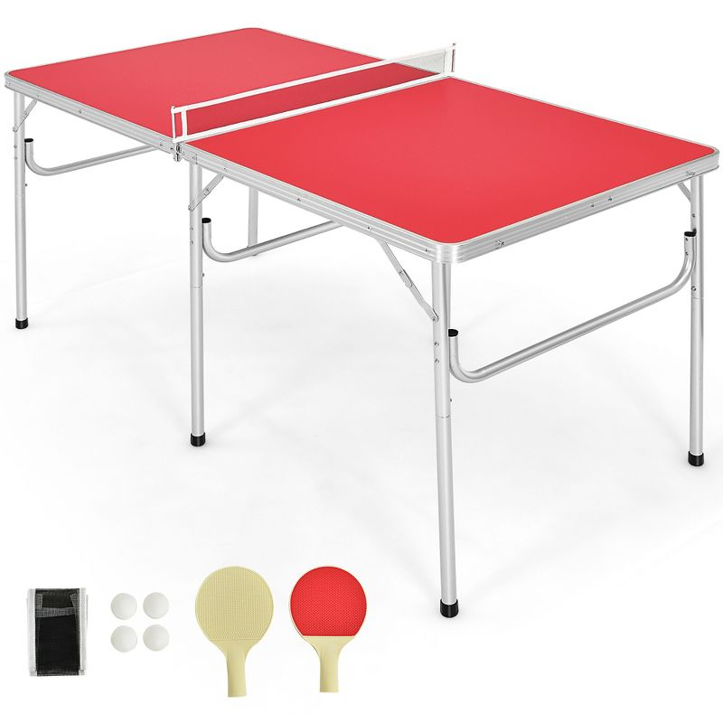 Costway 60'' Portable Table Tennis Ping Pong Folding Table with Accessories Indoor Game Red