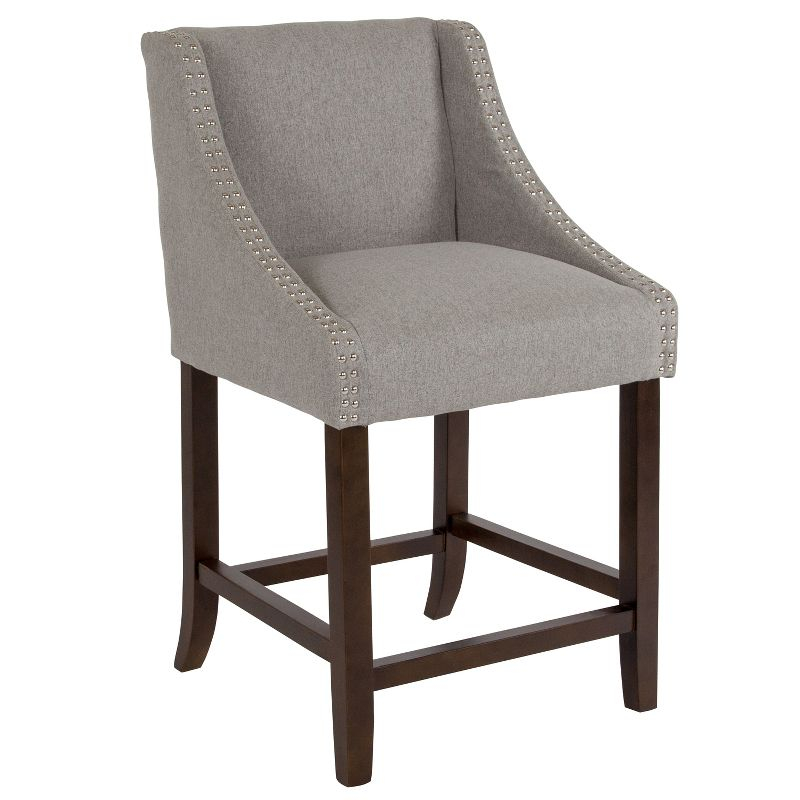 Merrick Lane 24 Inch Walnut Counter Height Stool with Nailhead Trim in Light Gray Fabric - Set of 2