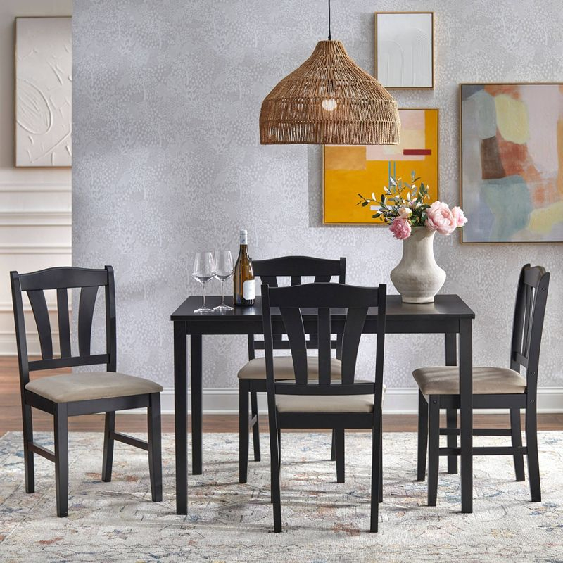 Buylateral 5pc Metropolitan Dining Set Black: Rectangle Table, Upholstered Padded Chairs, Rubberwood