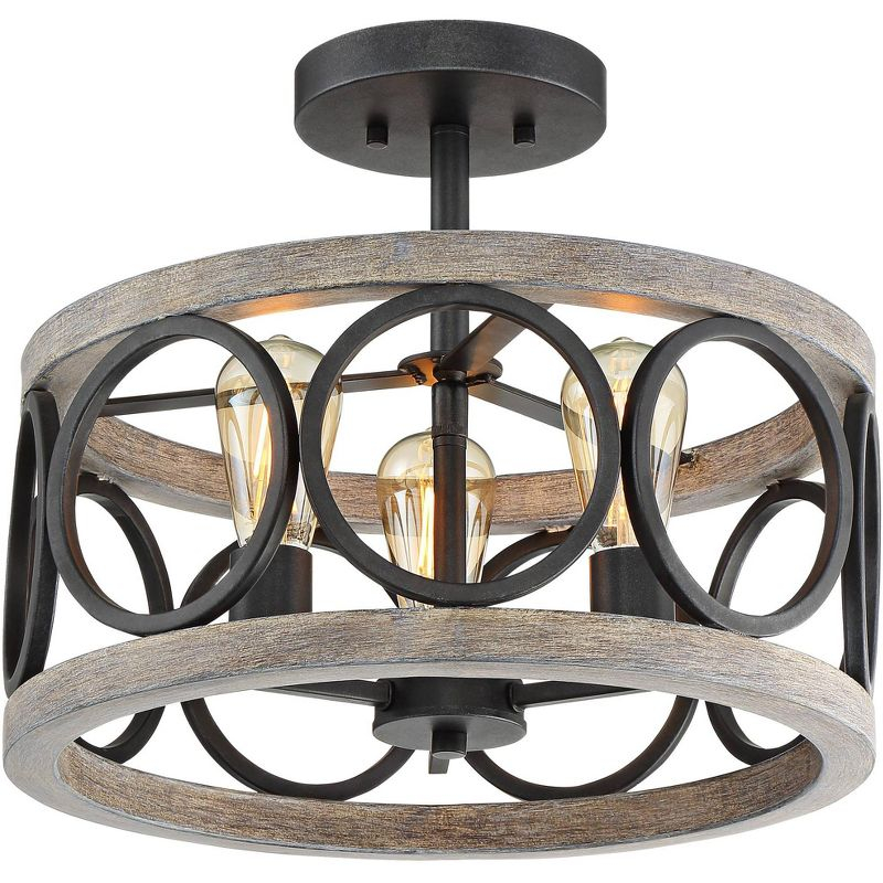 Franklin Iron Works Salima Rustic Farmhouse Ceiling Light Semi Flush Mount 16" Wide Black Gray Wood 3-Light for Bedroom Kitchen Living Room Hallway