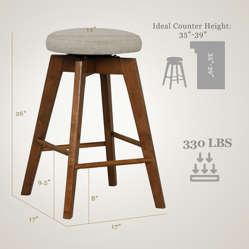 Costway Set of 2 Swivel Bar Stools Upholstered Counter Height Chairs with  Rubber Wood Legs