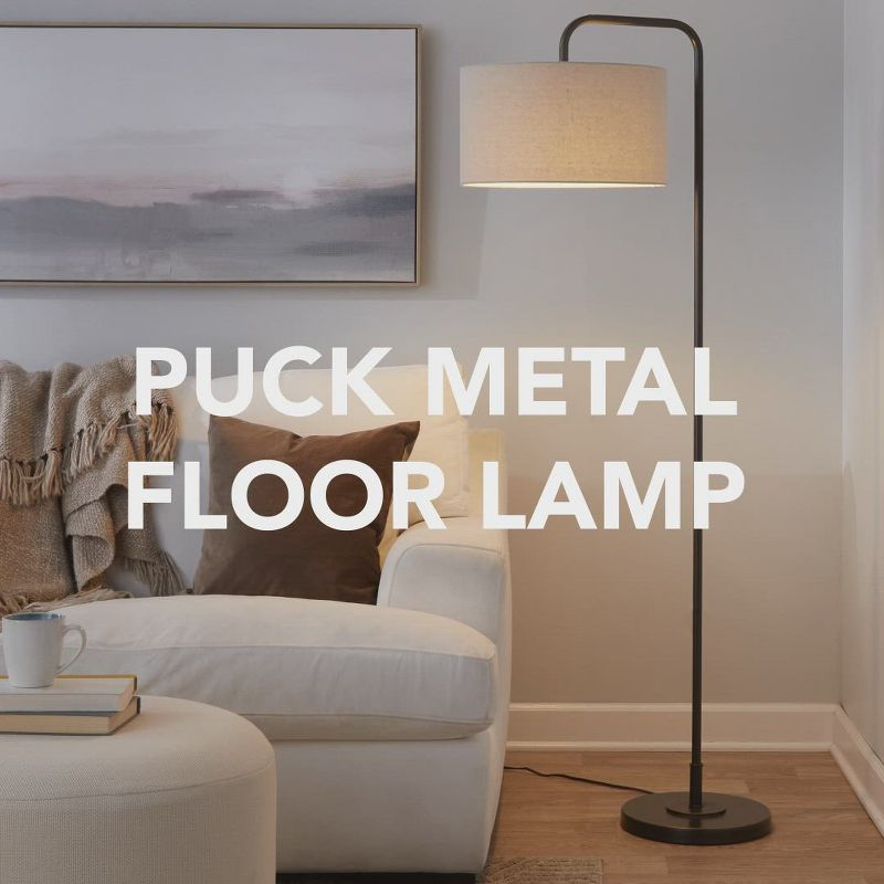 LumiSource Puck 63.75" Contemporary Metal Floor Lamp in Gold Metal from Grandview Gallery: Arc Design, White Drum Shade, UL Listed