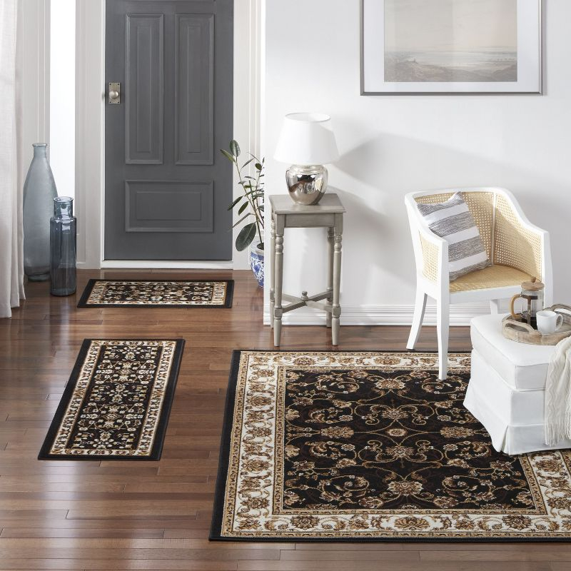 Home Dynamix Ariana Badah Damask Border Area Rug, Black/Ivory, 3-Piece Set