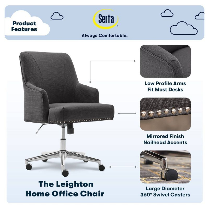 Style Leighton Home Office Chair Inviting Graphite - Serta: Mid-Back, Twill Fabric, Adjustable