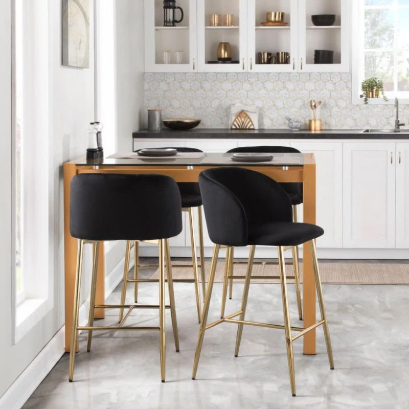 Set of 2 Fran Counter Height Barstools Black - LumiSource: Velvet Upholstery, Tapered Legs, Padded Bucket Seat
