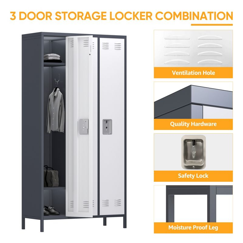 AOBABO 3 Door Steel Storage Cabinet Metal Industrial Locker with 2 Shelves for Employees, School, Office, Gym, or Bedroom, Gray