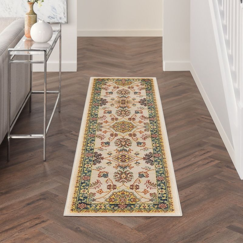 Nourison Essentials Floral Persian Indoor Outdoor Rug Ivory Gold 2'2" x 7'6"