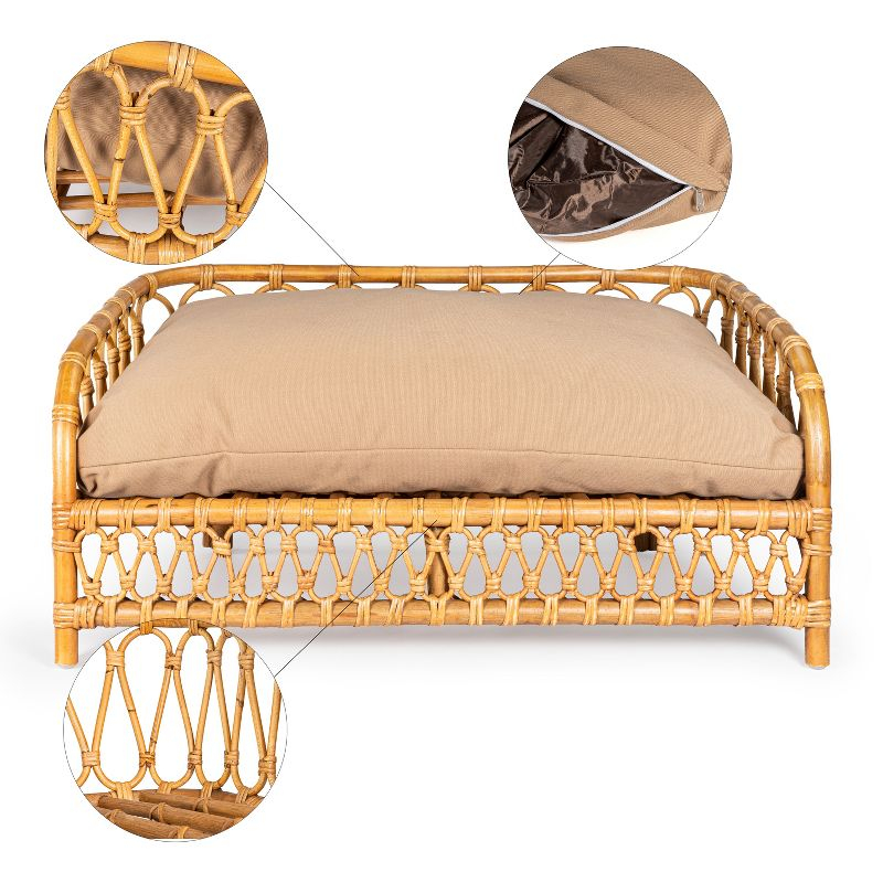 Elevated 27.5" x 17" Bohemian Handwoven Rattan Dog Daybed with Machine-Washable Cushion, Natural