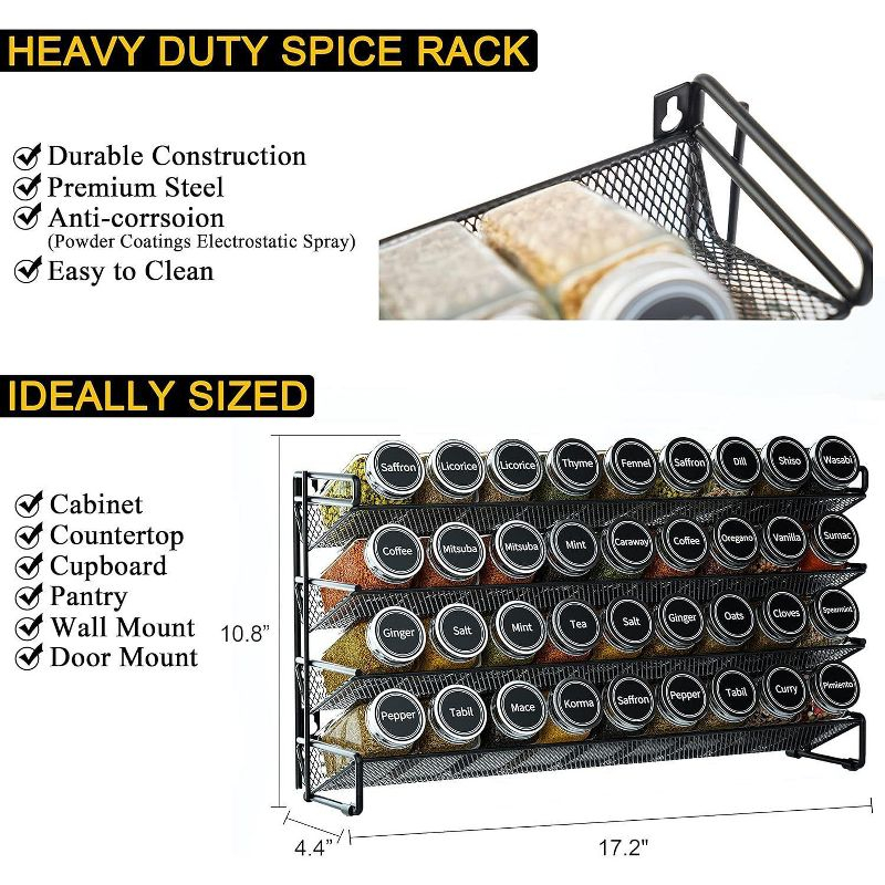 Spice Rack Organizer with 36 Jars, 386 Labels, for Cabinet, Countertop, Pantry or Wall Mount