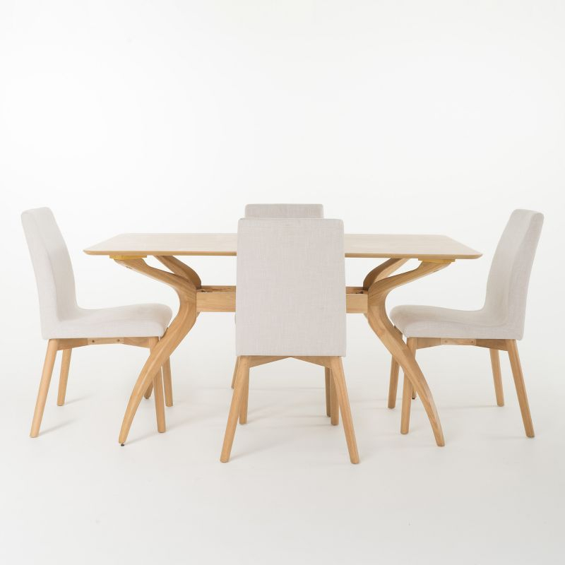 5pc Orrin 60" Curved Leg Dining Set Light Beige/Oak Brown - Christopher Knight Home: Mid-Century, Upholstered Chairs