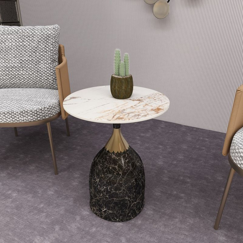 LeisureMod Side Table Round Sintered Stone Top Modern Accent Table with Stainless-Steel Base Chic End Table Oslo Series in Marbled Brown