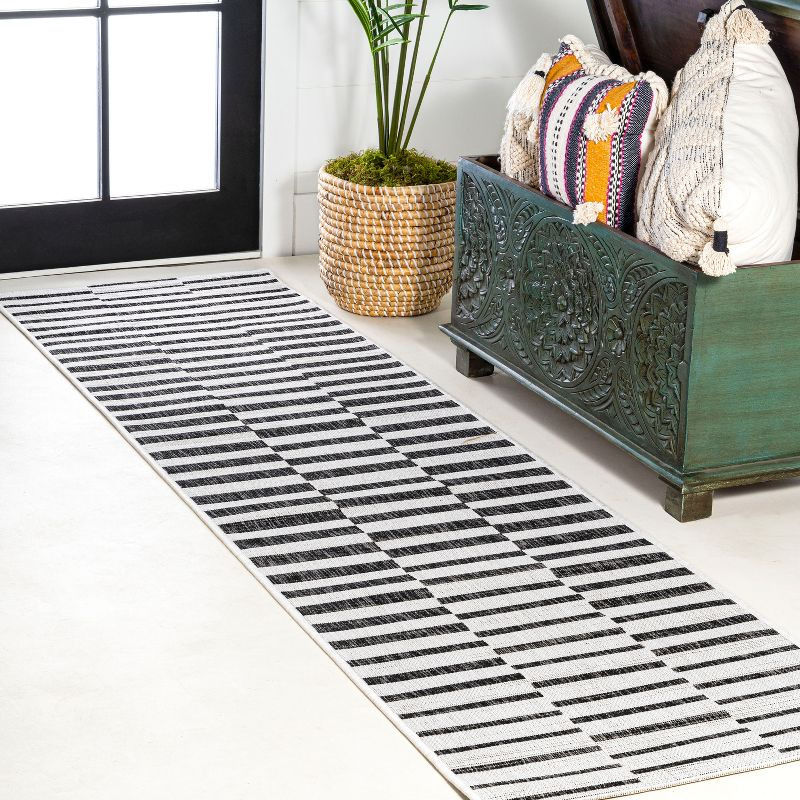 2'x10' Sukie Modern Offset Stripe Indoor/Outdoor Runner Rug, Ivory/Black - JONATHAN Y