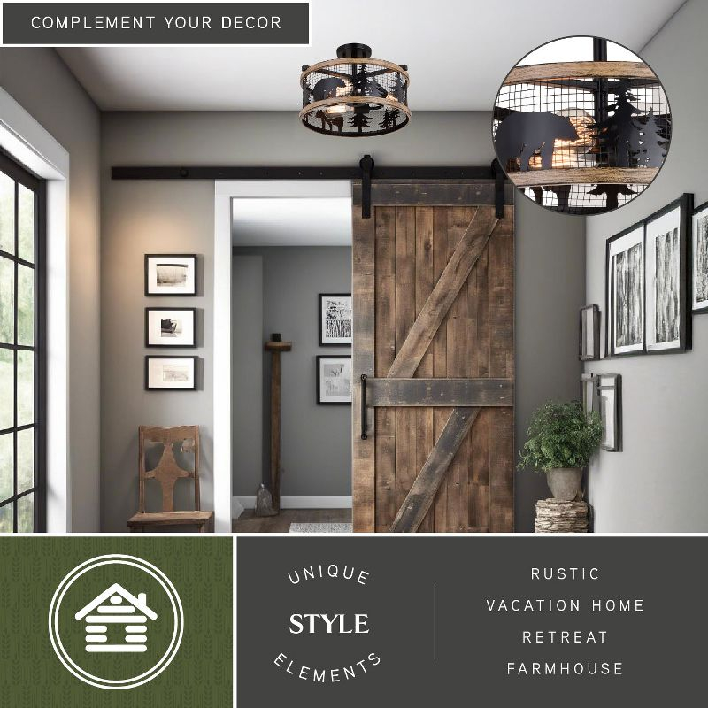 VAXCEL Kodiak 16-in W Black and Teak Rustic Semi Flush Mount Ceiling Light Bear and Tree Motif