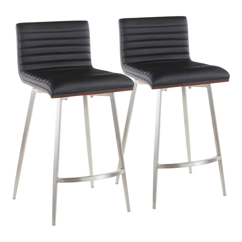 LumiSource Set of 2 Mason Contemporary Swivel Counter Height Barstools Black: Faux Leather, Steel Legs, Fixed 26" Seat Height
