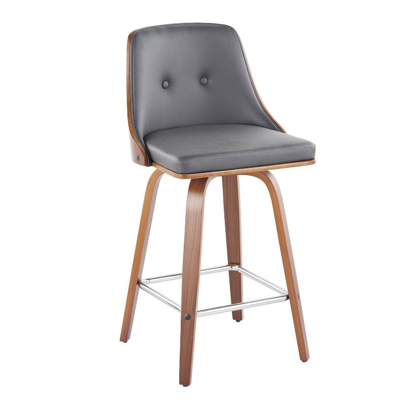 LumiSource Set of 2 Gianna Counter Height Barstools Walnut/Gray: Mid-Century Modern, Swivel, Faux Leather Upholstery