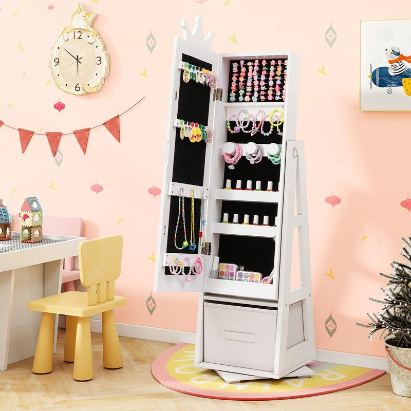 Tangkula Kids Jewelry Cabinet with Full-Length Mirror Drawer 2 Adjustable Tilt Angles White