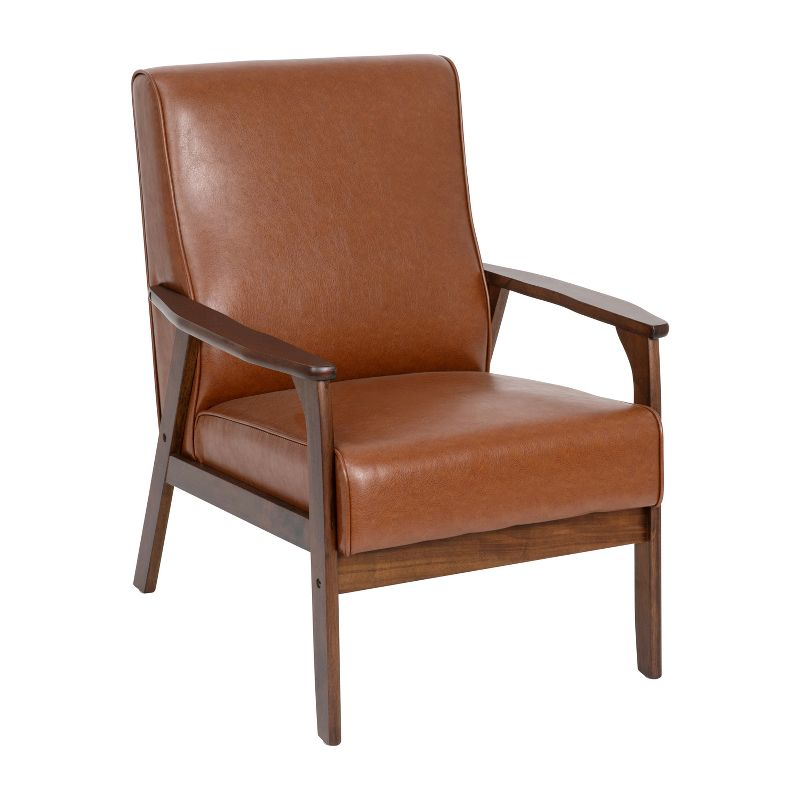 Flash Furniture Langston Commercial Grade LeatherSoft Upholstered Mid Century Modern Arm Chair with Walnut Finished Wooden Frame and Arms in Cognac