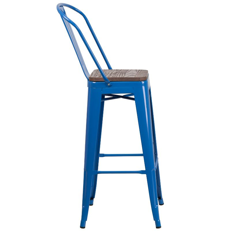 Emma and Oliver 30"H Blue Metal Barstool with Back and Wood Seat