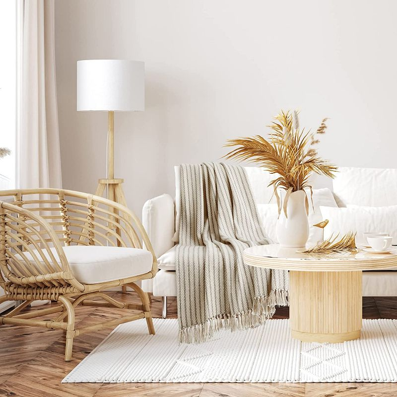 Americanflat 100% Cotton Throw Blanket for Couch - 50x60 - All Seasons Neutral Lightweight Cozy Soft Blankets.[Cream Beige Pinstripe]