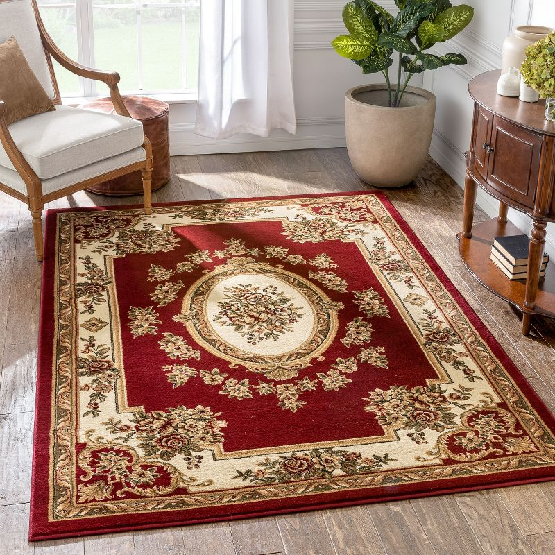 Well Woven Pastoral Medallion French European Floral Formal Traditional Modern Classic Thick Soft 5'3" x 7'3" Red Area Rug
