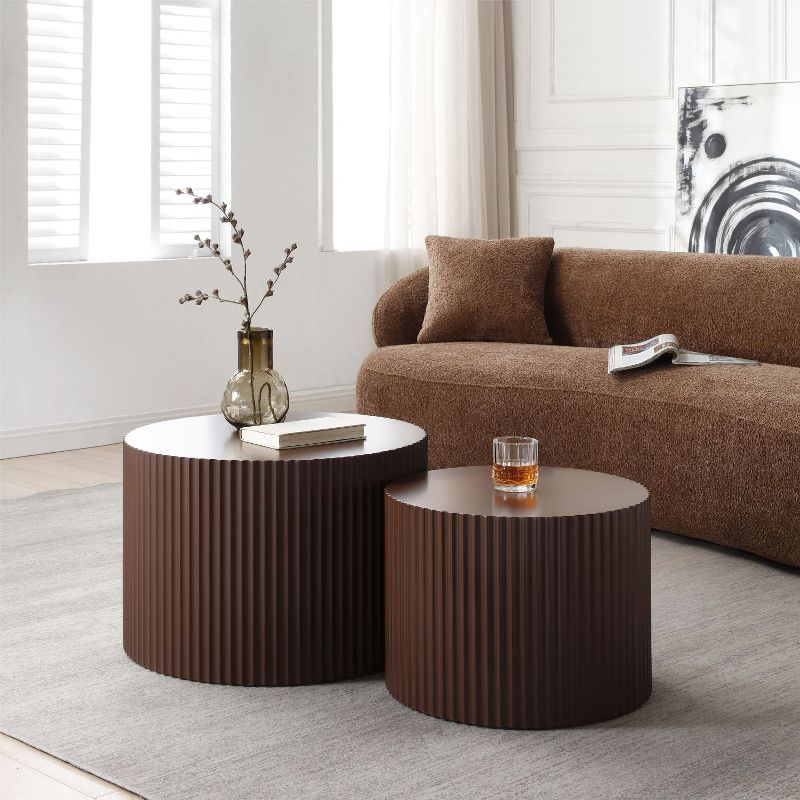 Handcraft Round Coffee Table Set of 2,Brown Nesting Side Table End Table,Modern Drum Side Table for Small Space,Living Room,Office,Bedroom-Cuddlewood