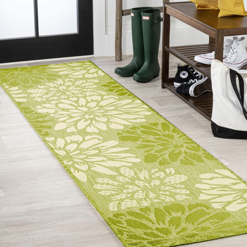 2' x 10' Zinnia Modern Floral Textured Weave Indoor/Outdoor Runner Rug, Green/Cream - JONATHAN Y