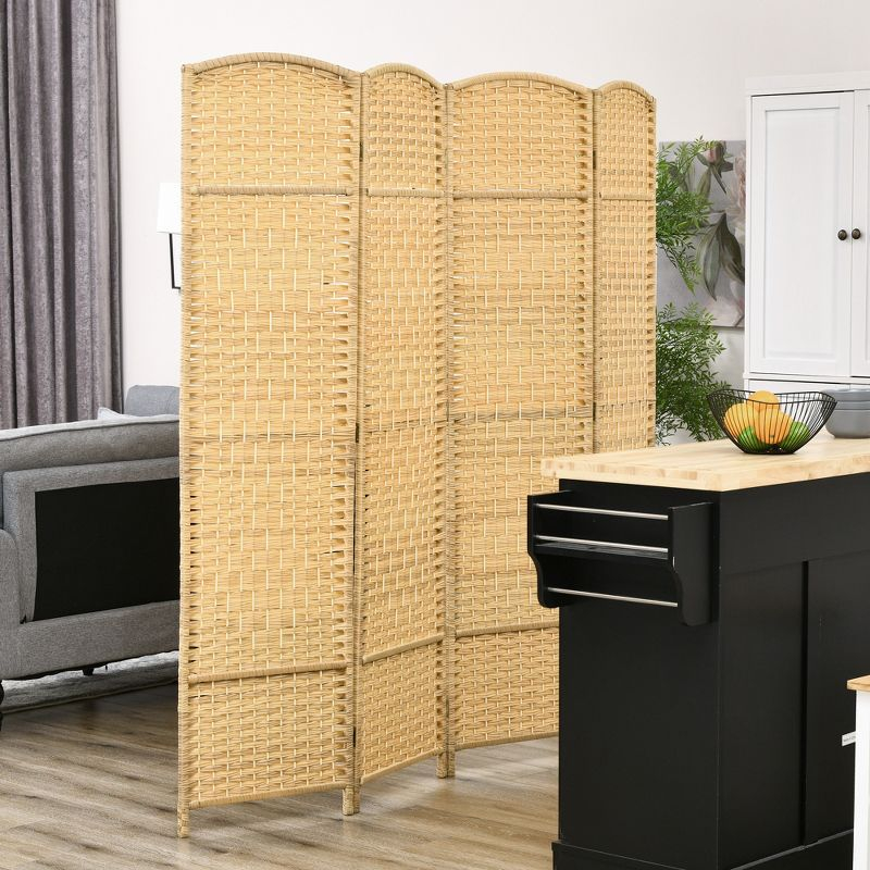 HOMCOM 4 Panel Room Divider, 6' Tall Folding Privacy Screen, Hand-Woven Freestanding Wood Partition for Home Office, Bedroom, Nature Wood