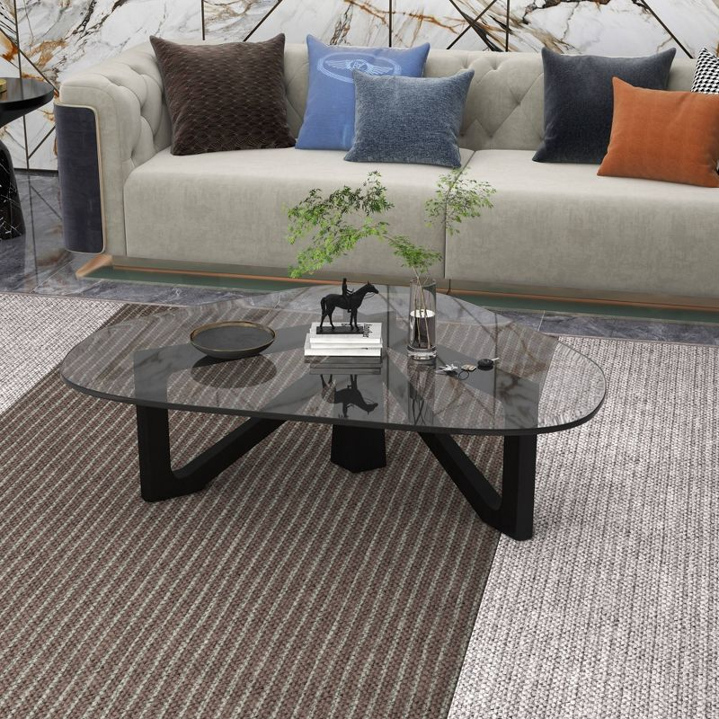 LeisureMod Imperial Collection Triangular Glass Top Coffee Table with Glossy Ash Wood Base for Home, Living Room, Office