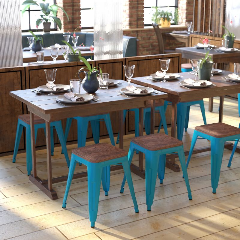 Flash Furniture 18" Backless Table Height Stool with Wooden Seat, Stackable Teal Metal Indoor Dining Stool, Commercial Grade - Set of 4