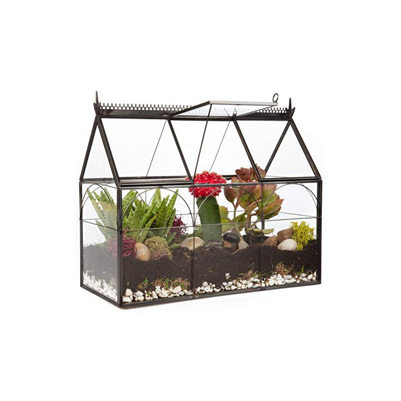 D'Eco Glass Greenhouse Plant Terrarium (10x4.5x9) - Indoor Tabletop Black Hinged Geometric Planter Holiday Decor - Christmas Gift for Plant Lovers