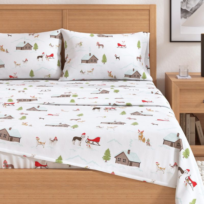100% Cotton Holiday Flannel Sheet Set - Great Bay Home (Queen, Pups with Hats)