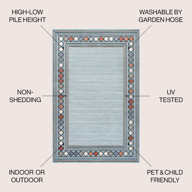 JONATHAN Y Sebastian High-Low Modern Diamond Border Blue/Ivory 5 ft. x 8 ft. Indoor/Outdoor Area Rug