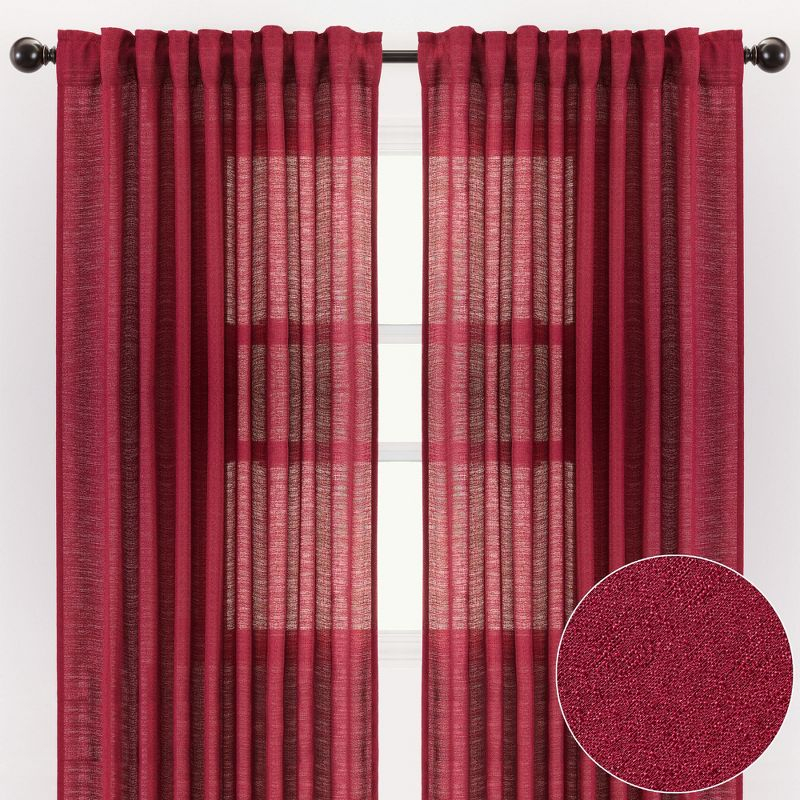Chanasya 2pk Faux Belgian Flax Semi Sheer Window Curtain Panels - Set of 2 - 52 x 63 Inches Long - Maroon