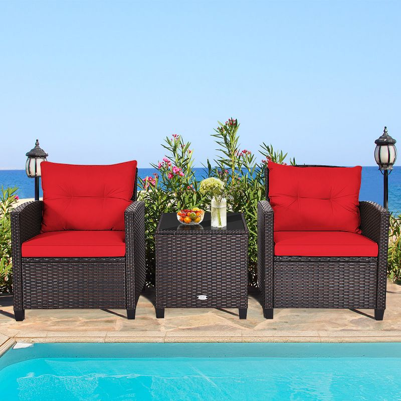 Tangkula 3PCS Wicker Cushioned Conversation Set Outdoor Rattan Furniture w/Red Cushions
