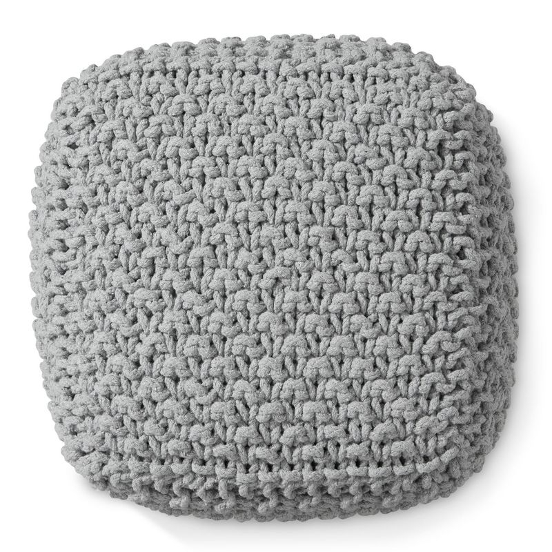 Casafield Square Pouf Ottoman, Light Gray - 18.5" W x 18.5" D x 14.5" H Cotton Knit Foot Stool - Boho Floor Pouffe for Living Room