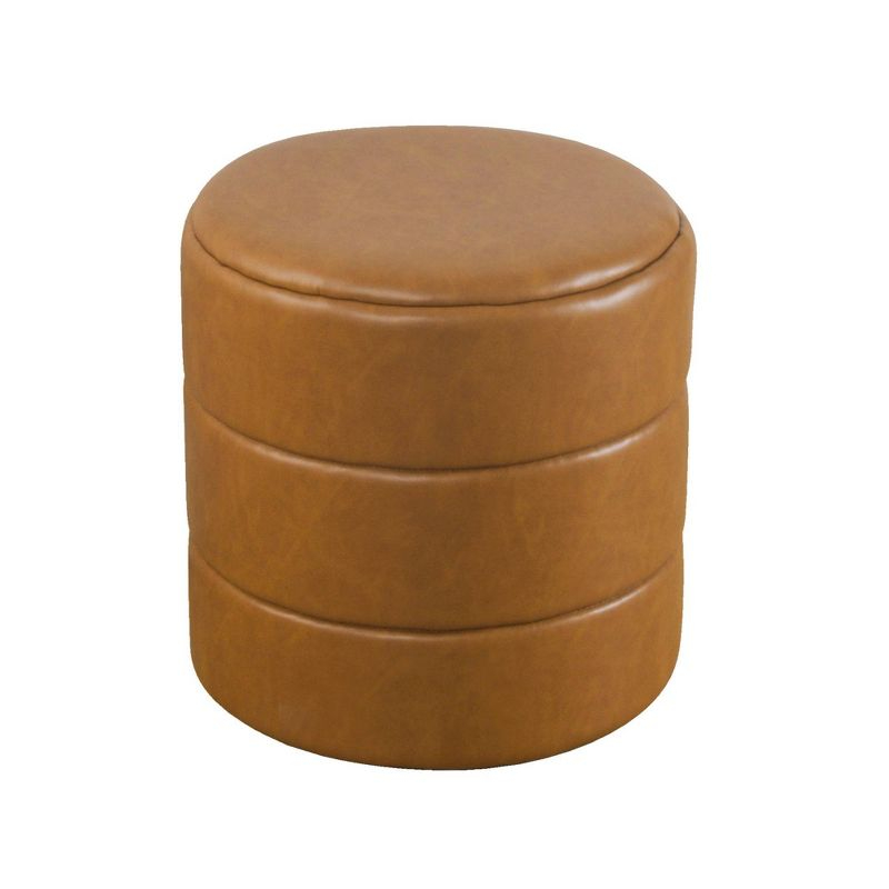 Round Upholstered Ottoman Caramel Faux Leather - HomePop: Channel Tufted, No Assembly Required