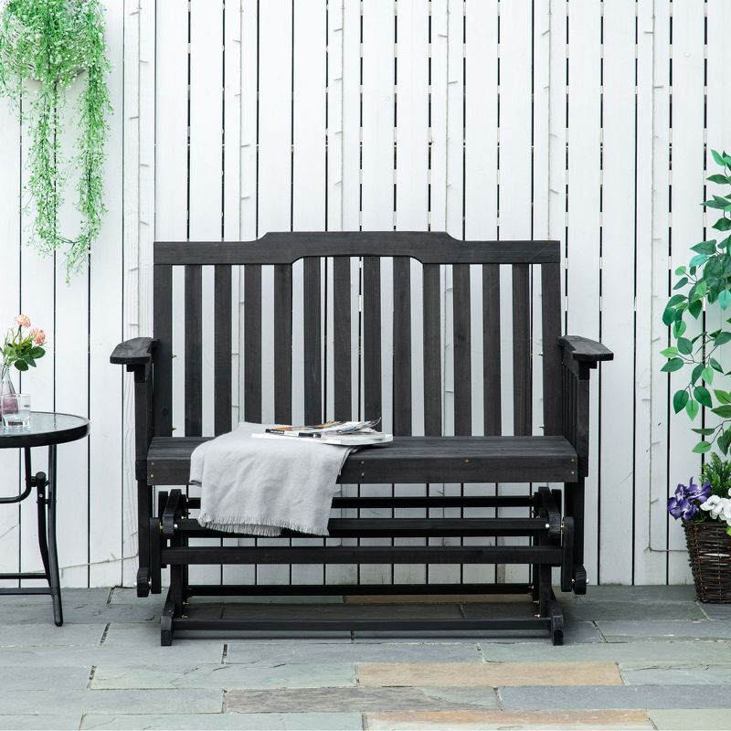Outsunny Wooden Patio Glider Bench, Wood Outdoor Loveseat with High Back and Armrests, 2-Seat, Black